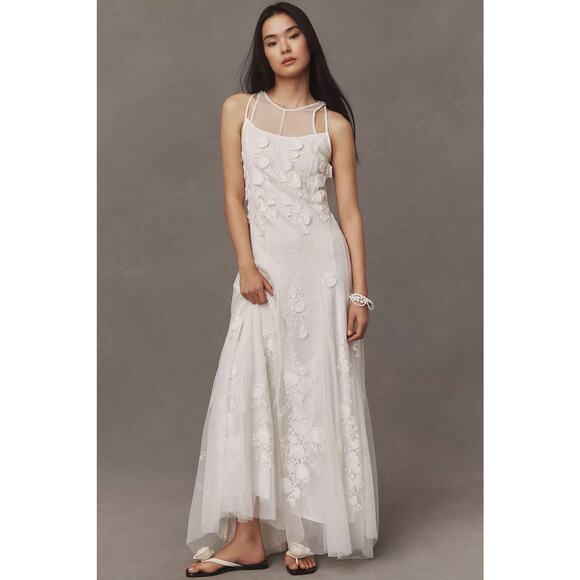 BHLDN NWT Ivory Calla Sleeveless Tulle Floral Applique Maxi Dress Size Medium - Picture 1 of 13